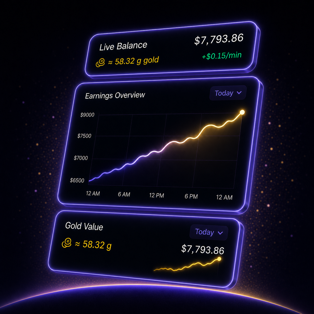Live balance & net worth — Real-time totals across cash and holdings.
